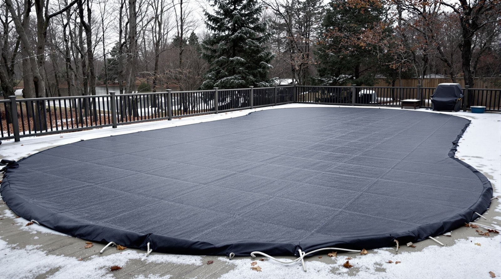 A residential pool under a winter cover in late autumn